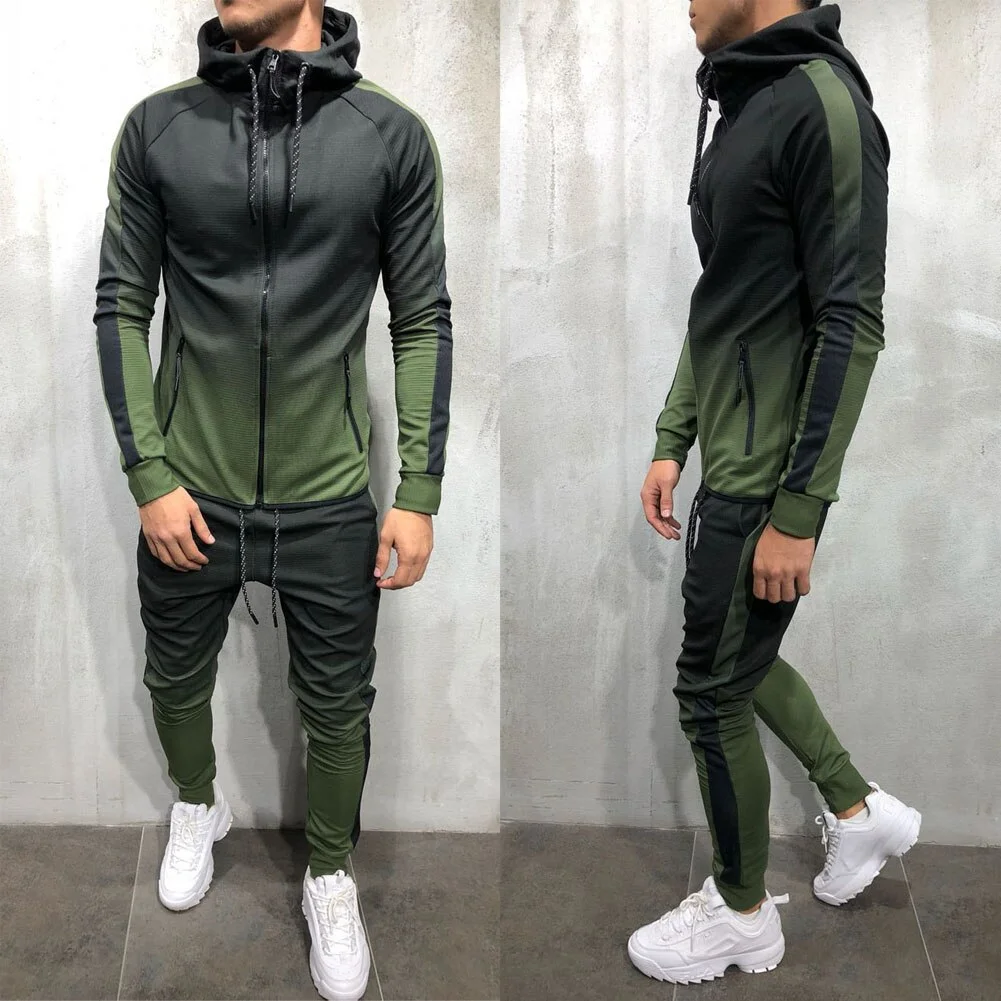 Wongn Men Fall 2pcs Turtleneck Gradual Change Color Tracksuit Set Hoodie Top High Waist Bottoms Joggers Gym Plain Zip Pockets Slim Fit