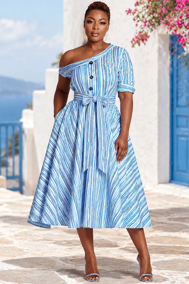 Xpluswear Design Plus Size Business Casual Blue Striped Asymmetrical Collar Short Sleeve Pocket Wrap Midi Dresses [Pre-Order] 2024 - Xpluswear