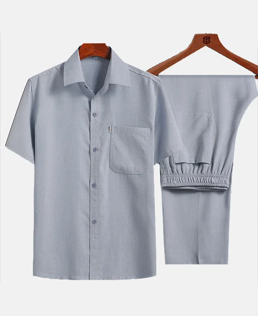Linen Chest Pocket Elastic Waist Shirt & Pant 2Pcs Set 