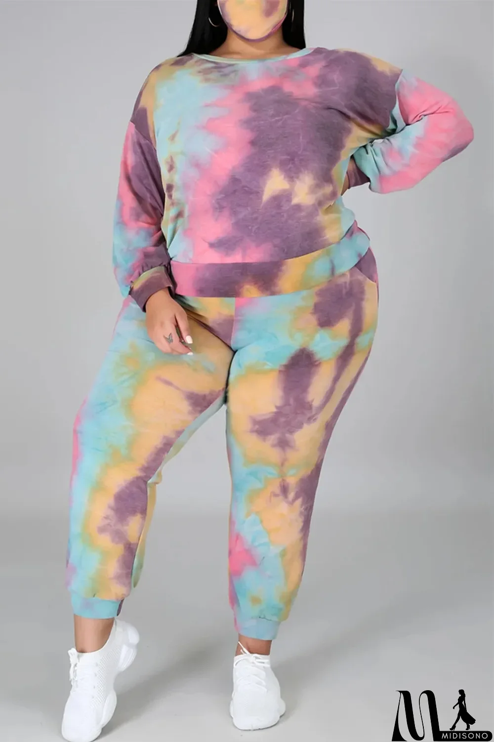 MidiSono - Multicolor Fashion Casual Print Tie Dye Backless O Neck Plus Size Two Pieces