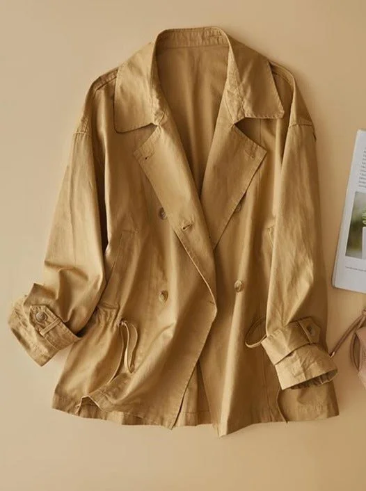 100% Natural Fabric Solid Color Windbreaker Long Sleeve Coat In One-Size