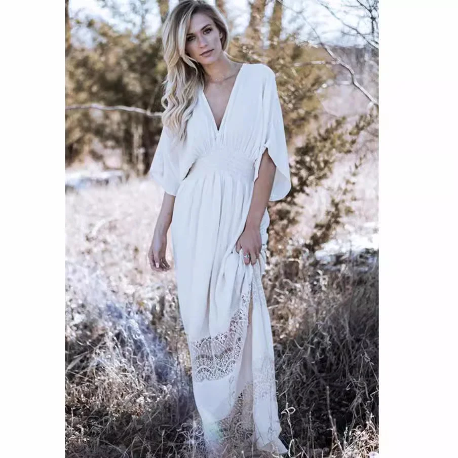 Uveng Uveng Spring And Summer Female Bohemian Beach White Cotton Wrinkled Dress Solid Color Long Dress