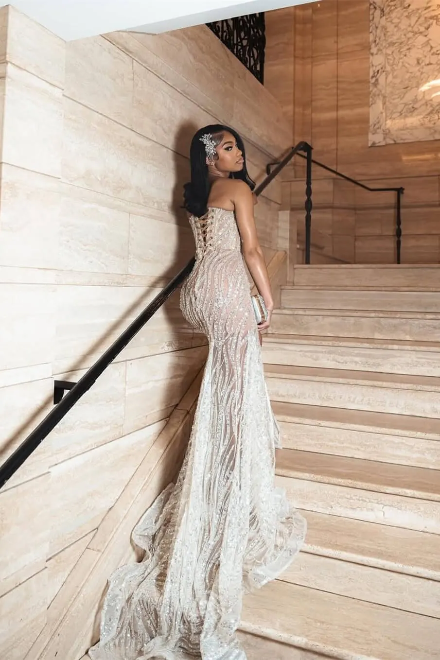 silver v neck prom dress Sequins Lace Backless Mermaid Prom Dresses V Neck Formal Dress ARD2736