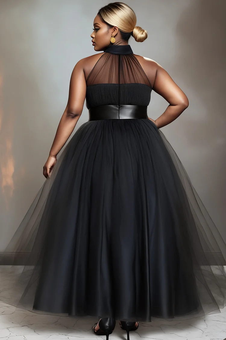 Xpluswear Design Plus Size Wedding Black Halter Collar Tulle Maxi Dresses [Pre-Order]