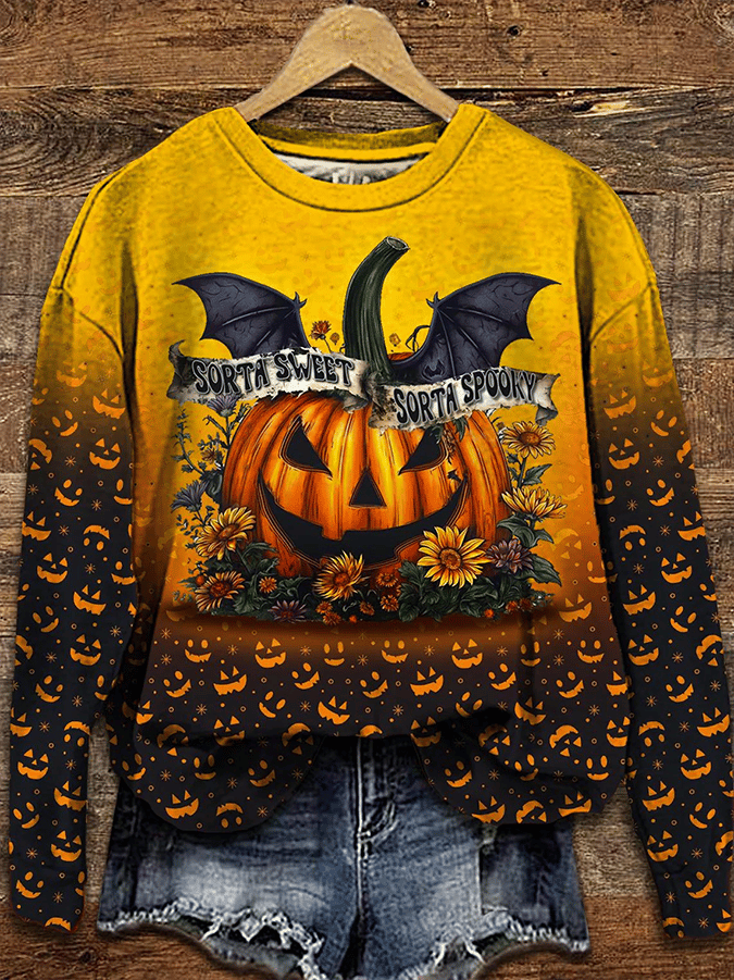Women's Fall Pumpkin Print Crew Neck Sweatshirt