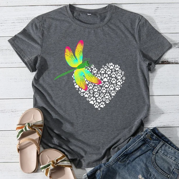 Hearts and dragonflies Round Neck T-shirt-0025907