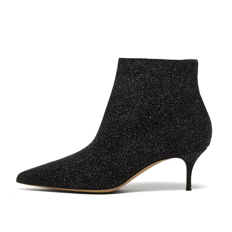FSJ Black Glitter Pointy Toe Short Kitten Heel Boots |FSJ Shoes