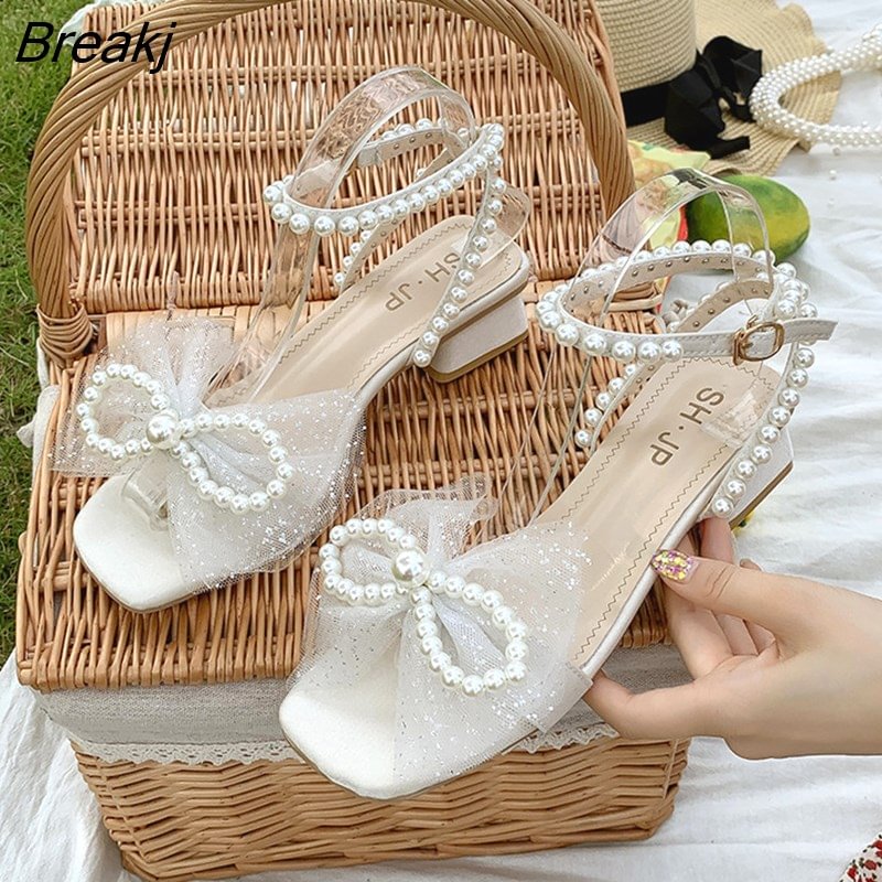 Breakj Wedding Sandals White Lace Bow Pearl High Heel Casual Skirt Shoes Summer Travel Slides Romantic Couple Dating Party Pumps