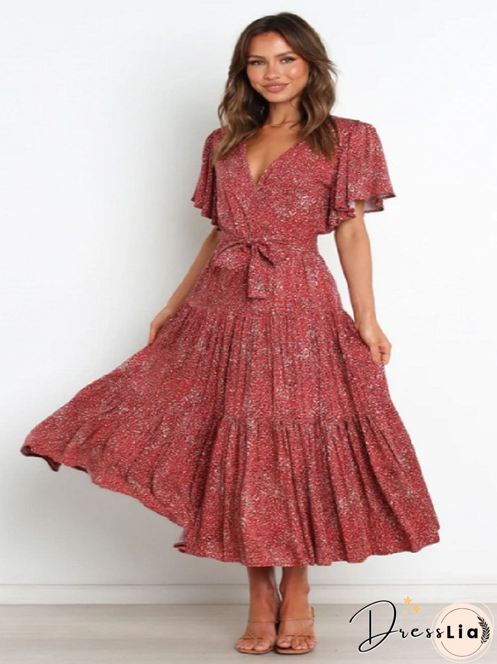 Short Sleeve Printed Dress V Neck Black Dresses