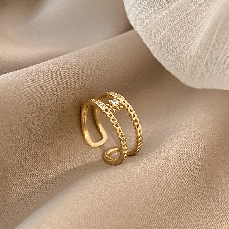 Minimalist Square Flower Bow Knot Copper Hollow Out Inlay Zircon Open Ring 1 Piece