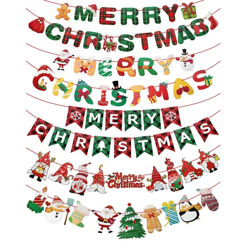 Merry Christmas Paper Banner Garland Xmas Decorations for Home Santa Ornament Hanging Flag 2022 Navidad New Year Party Supplies