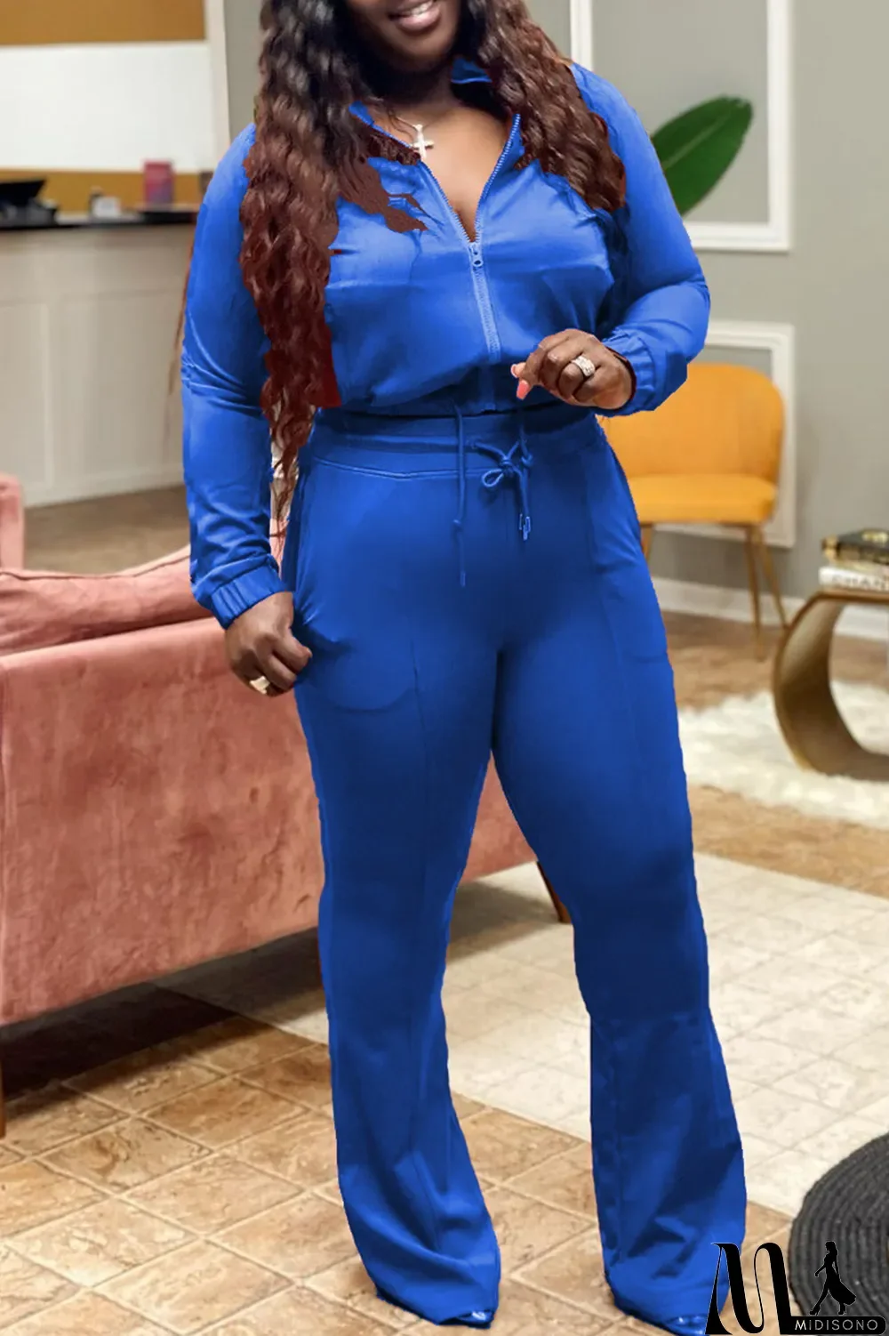 MidiSono - Yellow Fashion Casual Solid Basic Zipper Collar Plus Size Two Pieces