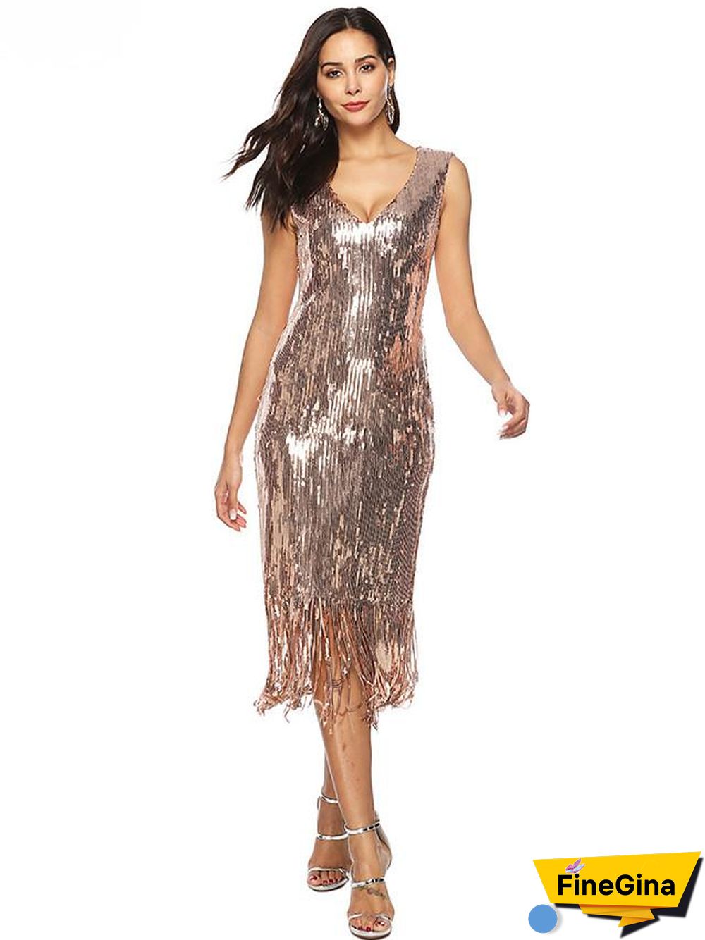 Women's A Line Dress Knee Length Dress Gold Sleeveless Solid Color Sequins Tassel Fringe Patchwork Summer V Neck Elegant Sexy Party S M L XL XXL