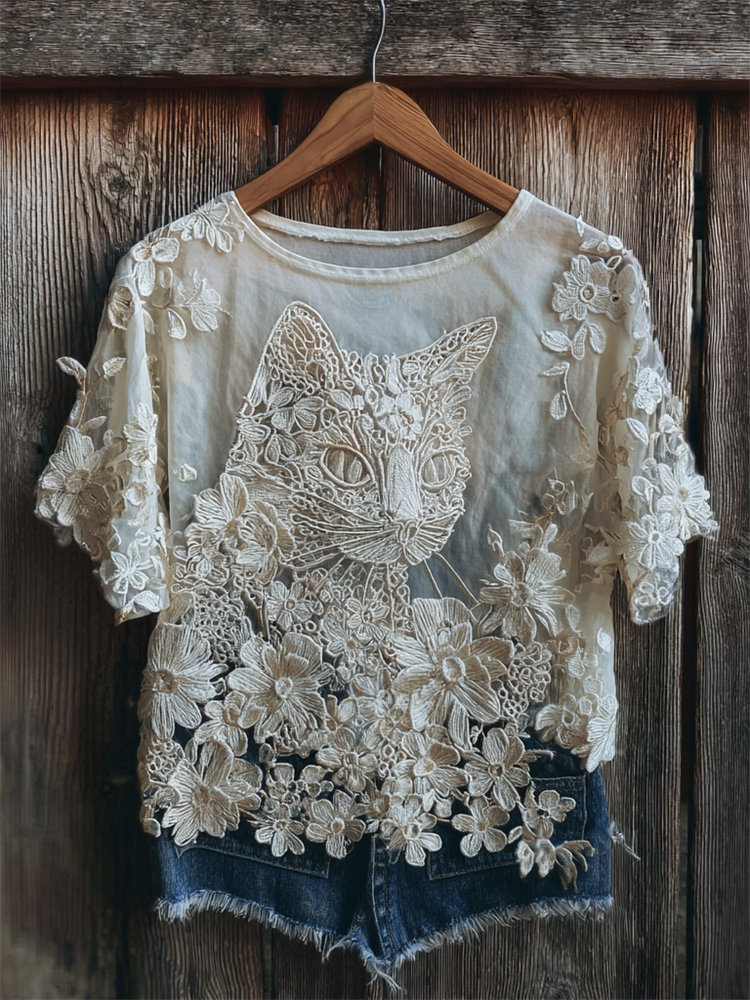 Vintage Cat Floral Lace Art Flowy T Shirt wearshes