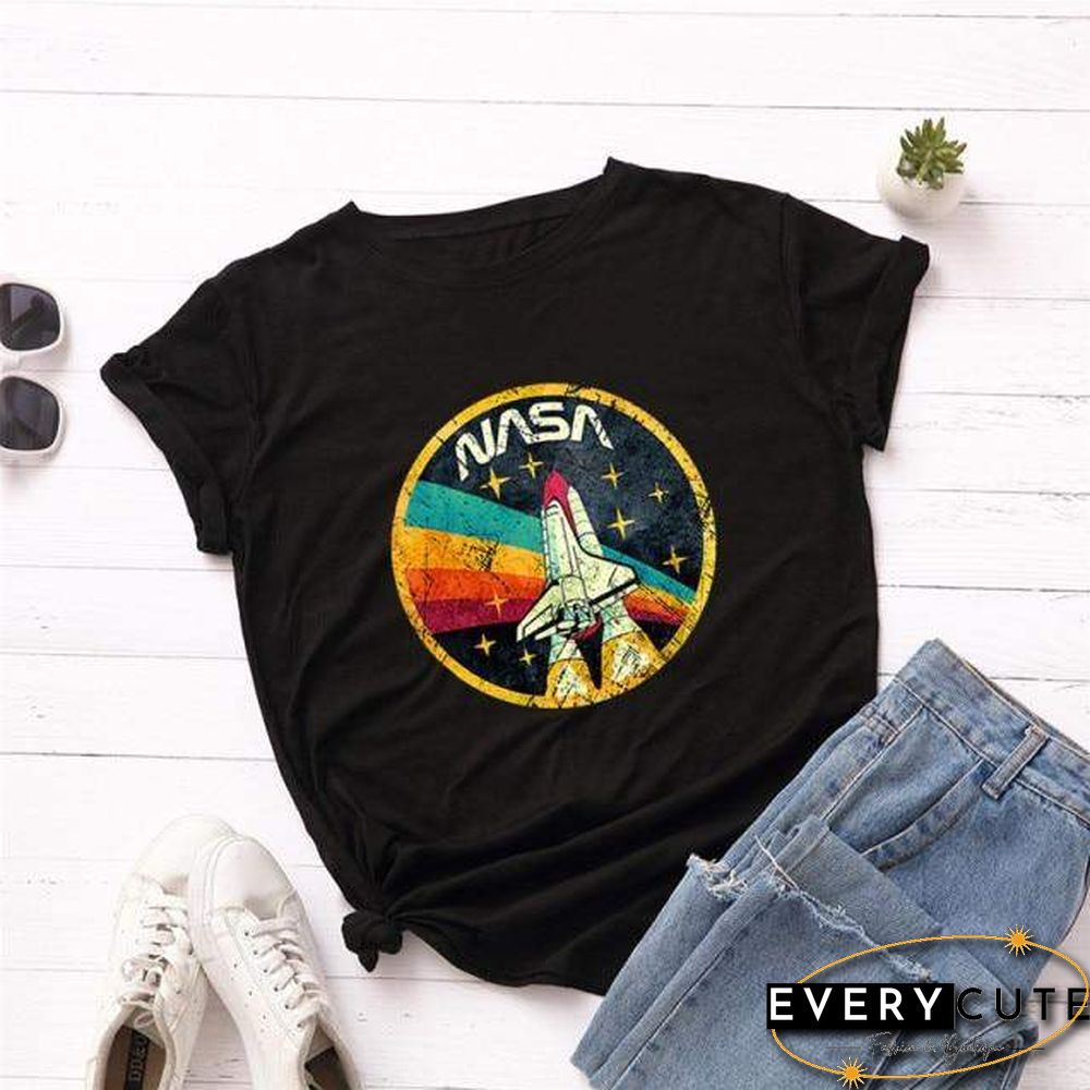 Summer Plus Size Shirt S-5XL New ROCKET Print TShirt Women 100%Cotton O Neck Short Sleeve Tees Casual Tops Woman TShirts