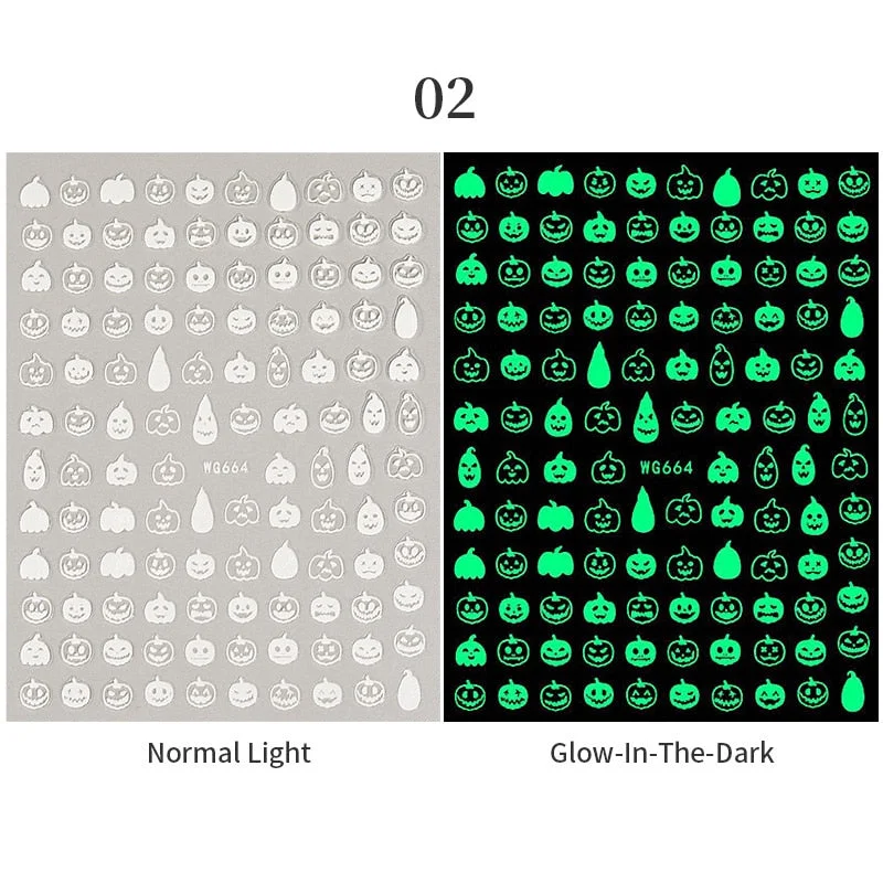 3D Luminous Nail Stickers Halloween Pumpkin Spider Star Moon Transfer Sliders  Winter Glow In The Dark Nail Art Decoration-Nail Inspo