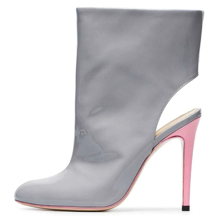 Grey Patent Leather Summer Boots Cut Out Stiletto Heel Ankle Boots |FSJ Shoes