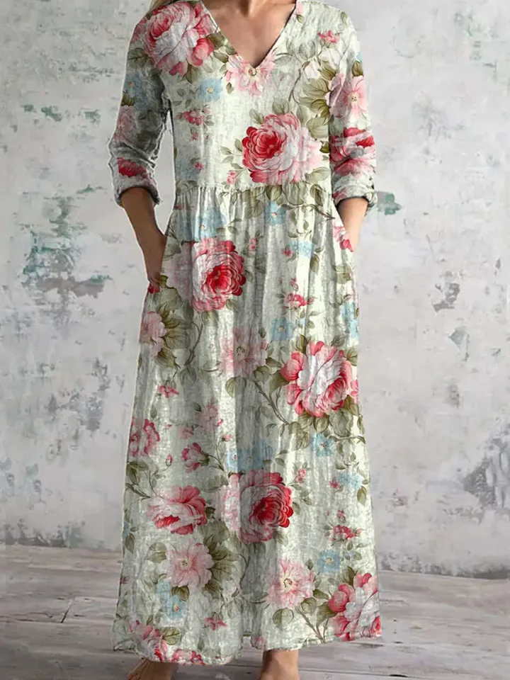 Womens Vintage Rose Floral Print Pattern Cotton And Linen Dress