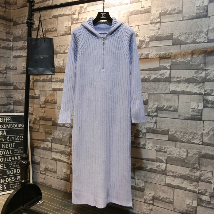 Autumn and winter fashion temperament new hooded long over-the-knee sweater dress women loose solid color knitted dress