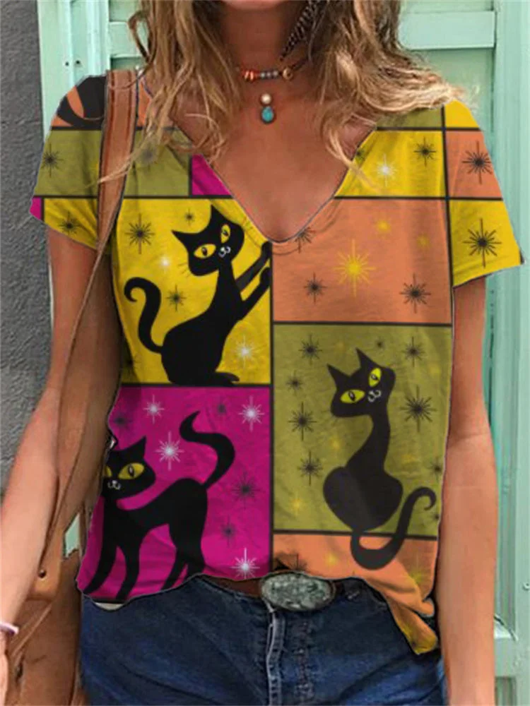 Artwishers Funny Cat In Plaid V Neck T Shirt socialshop