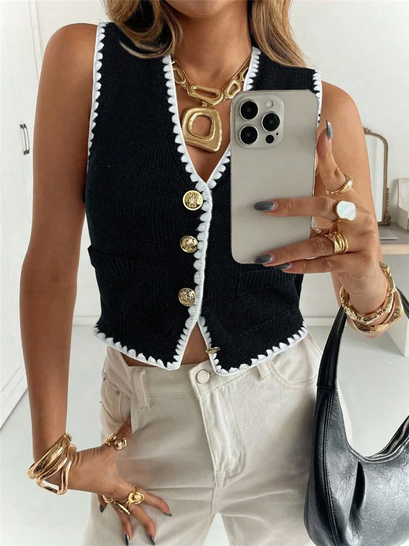 Athvotar Athvotar 2025 Women's Flower Decoration Single-Billed Casual Knitted Vest Sweater