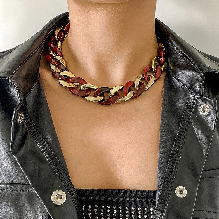 Personality Chain Geometric Metal Acrylic Necklace-Gold Red