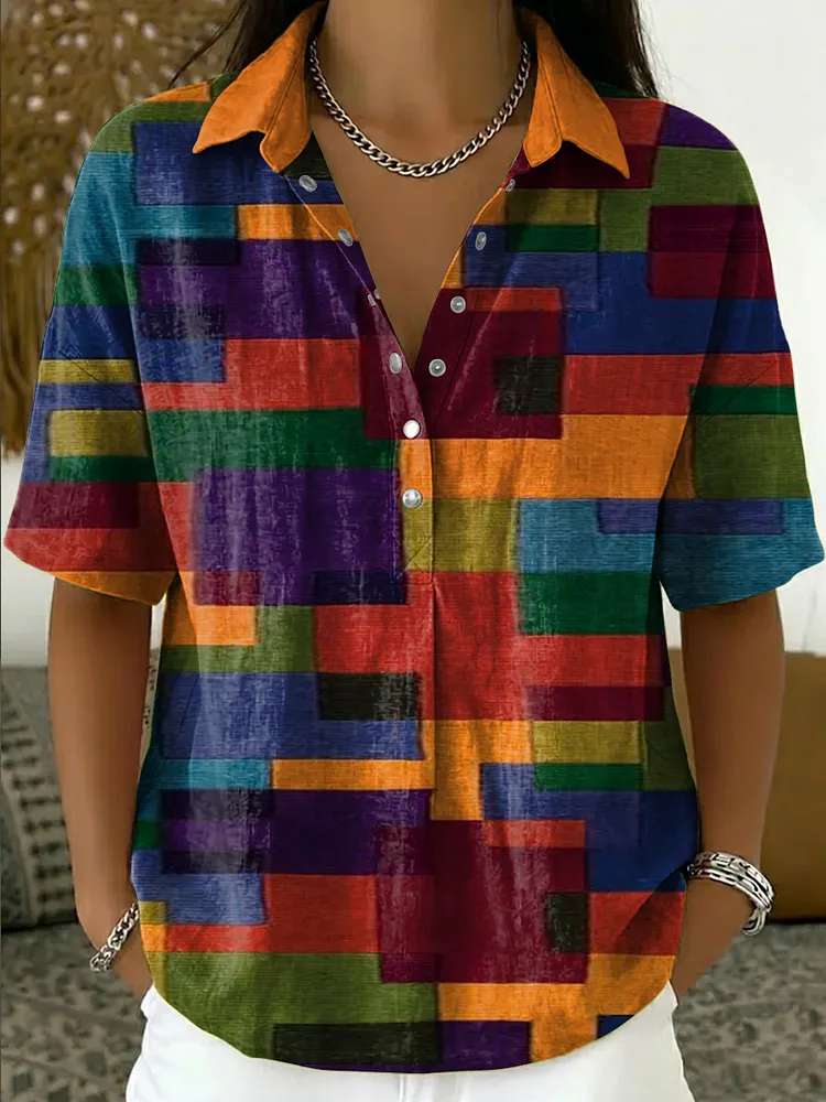 Women's Retro Color-block Printed Cotton-linen Short-sleeve Shirt