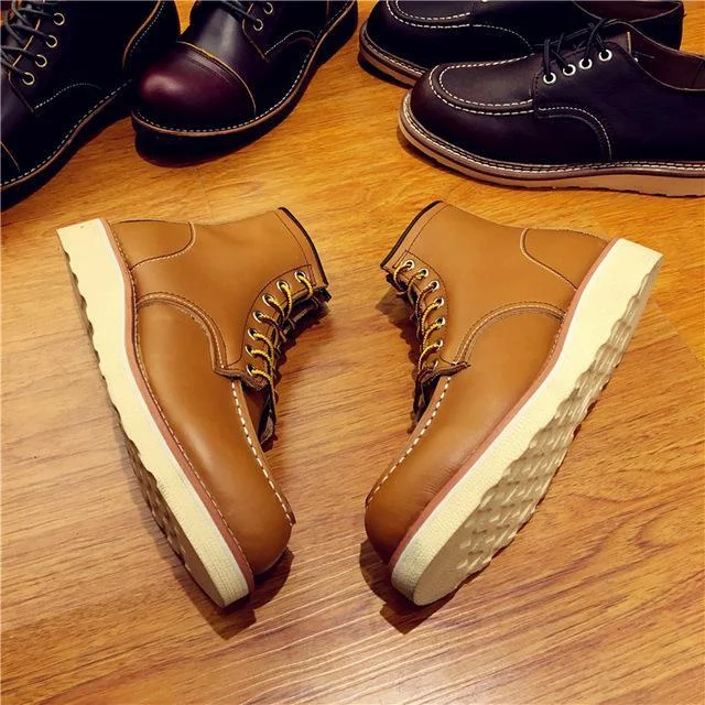 Vintage Men Boots Lace-Up Genuine Leather Boots Wing Men Handmade Work Travel Wedding Ankle Boots Casual Boots