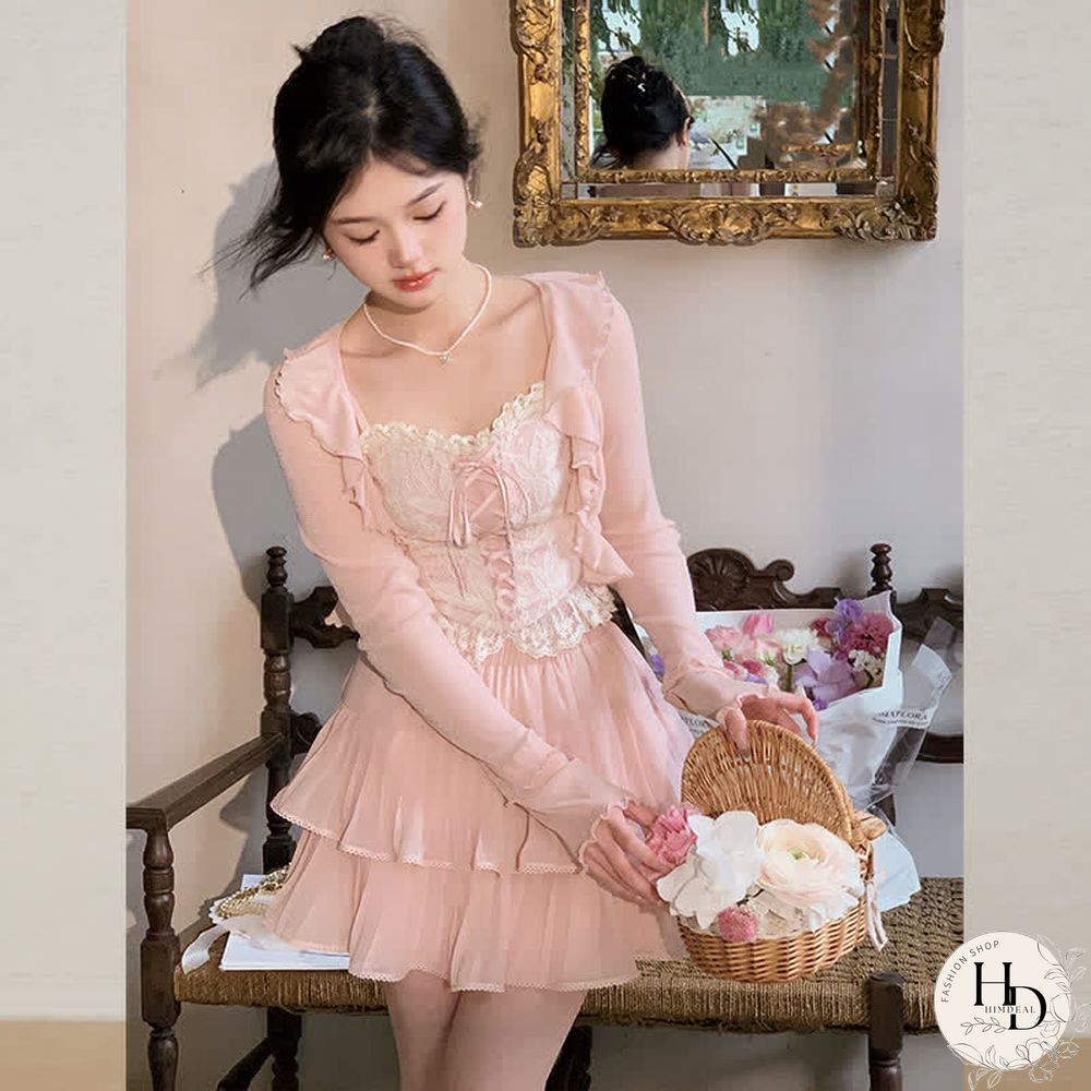 Pure Color Cardigan Lace-up Lace Corset Top Layered Mini Skirt