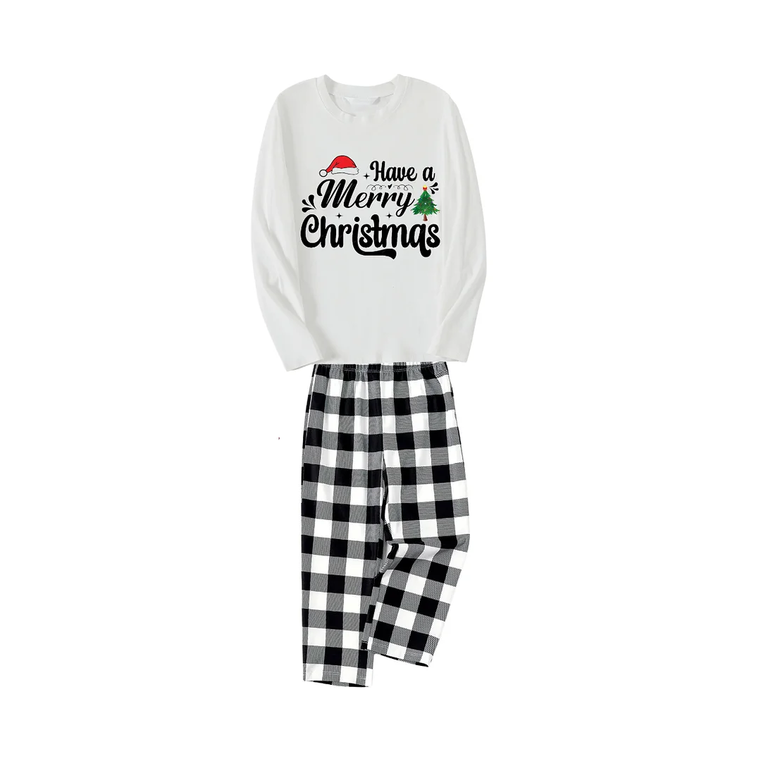 "Have a Merry Christmas" Letter Print White Long Sleeve Top with Black & White Plaid Christmas Family Matching Pajamas