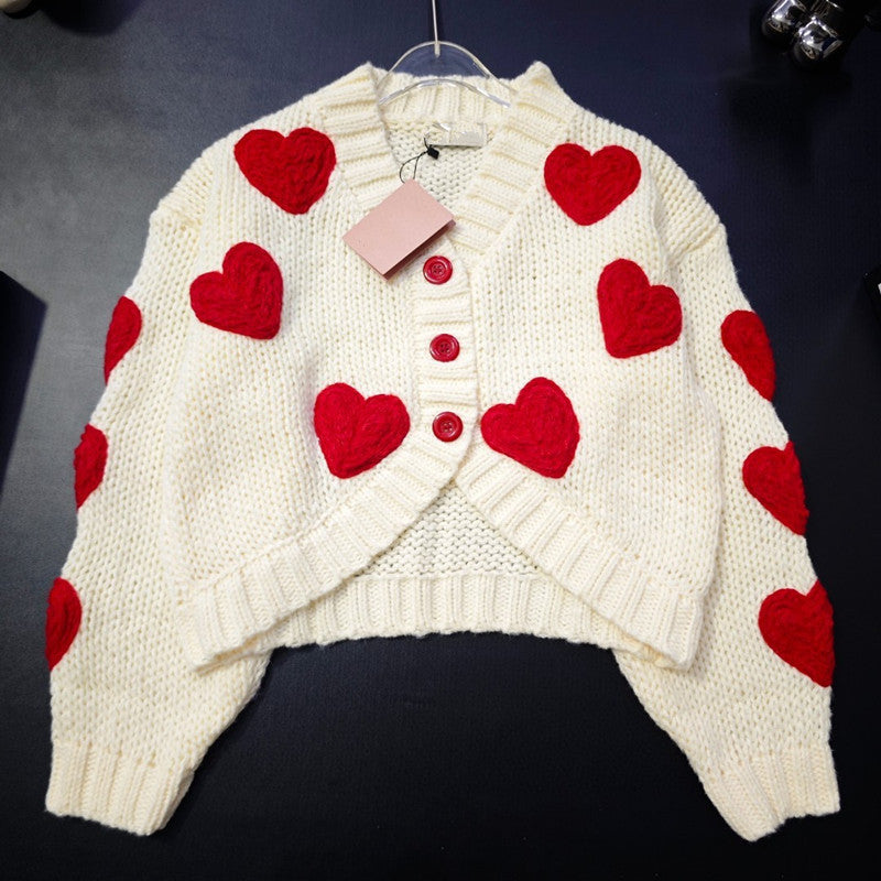 fall outfits women 24 Autumn New Solid Color Three-Dimensional Love Pattern Crocheted Sweater Women's V-neck Button Long Sleeve Cardigan Sweater