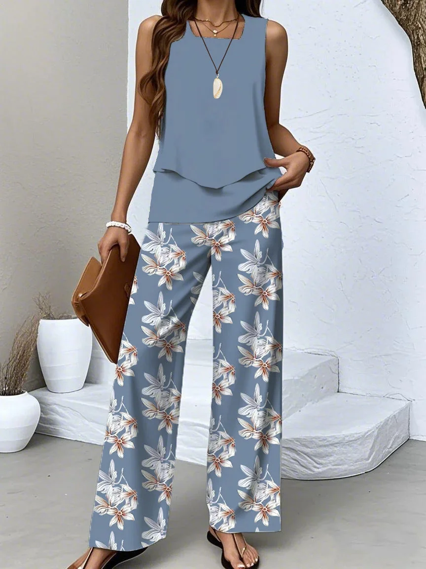 Women's Sleeveless Square Collar Graphic Printed Casual Set