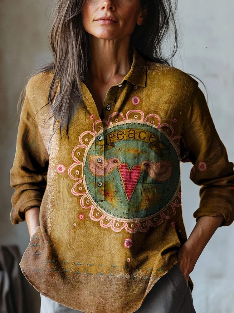 Women's Vintage Love and Peace Bird Floral Art Print Casual Cotton And Linen Shirt