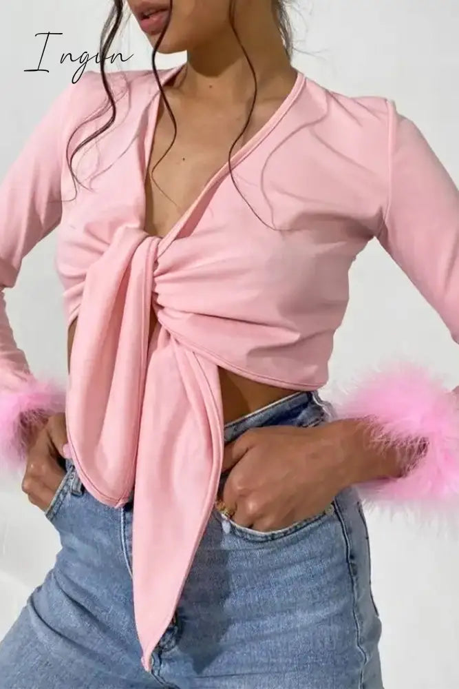 Sexy Solid Feathers Knotted V Neck Tops Pink / S Tops/Long Sleeve