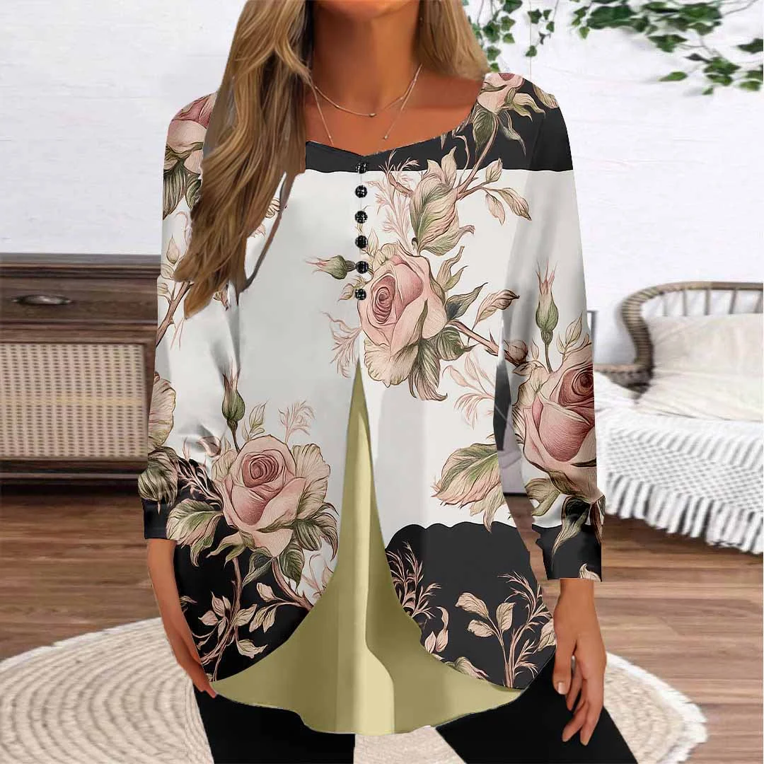 Women Floral,Pink DZGG8280 Long Sleeve Scoop Neck Printed Graphic Button Fake 2in1 Tops