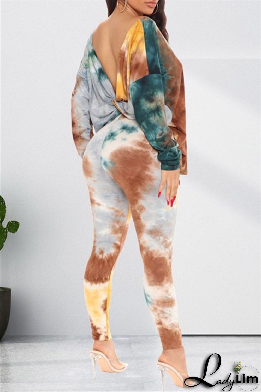 Light Coffee Fashion Casual Print Tie Dye Backless O Neck Long Sleeve Two Pieces