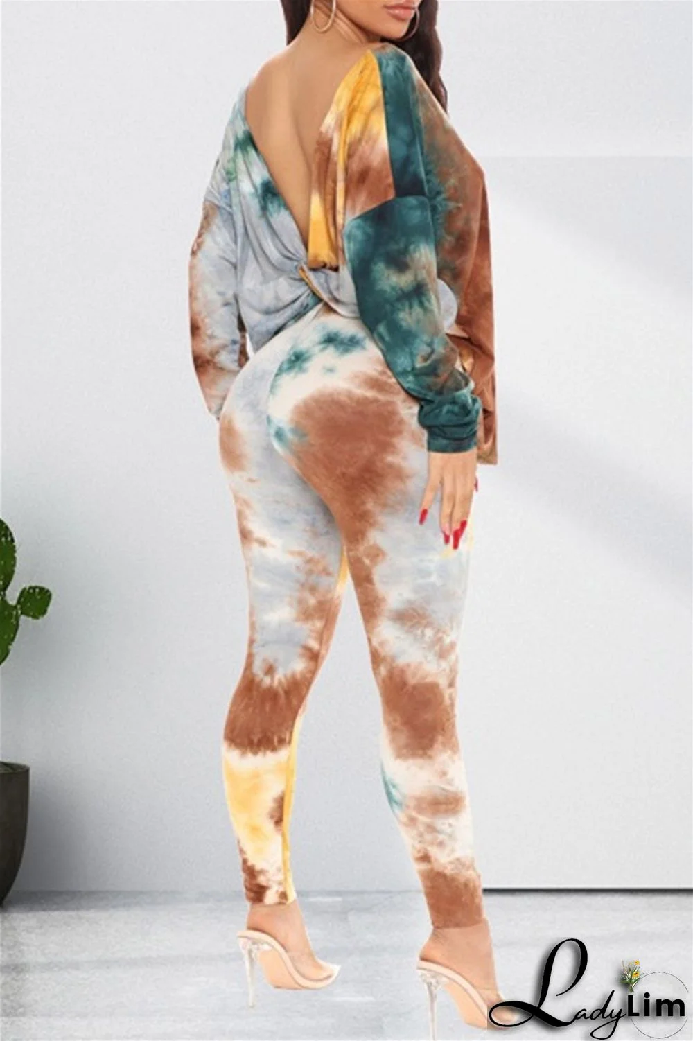 Light Coffee Fashion Casual Print Tie Dye Backless O Neck Long Sleeve Two Pieces