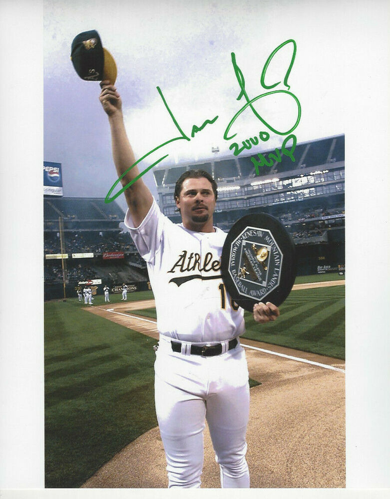 Oakland A's  Jason Giambi autographed 8x10 Photo Poster painting holding 2000 MVP added in green