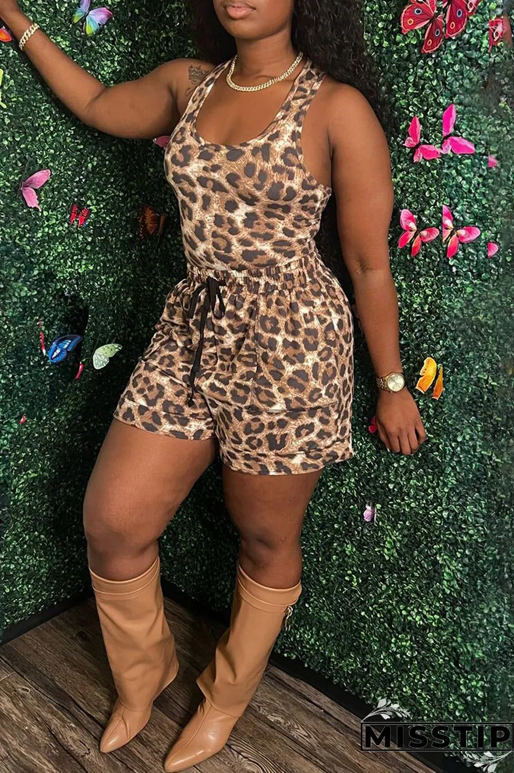 Brown Sexy Casual Print Leopard Basic U Neck Sleeveless Two Pieces