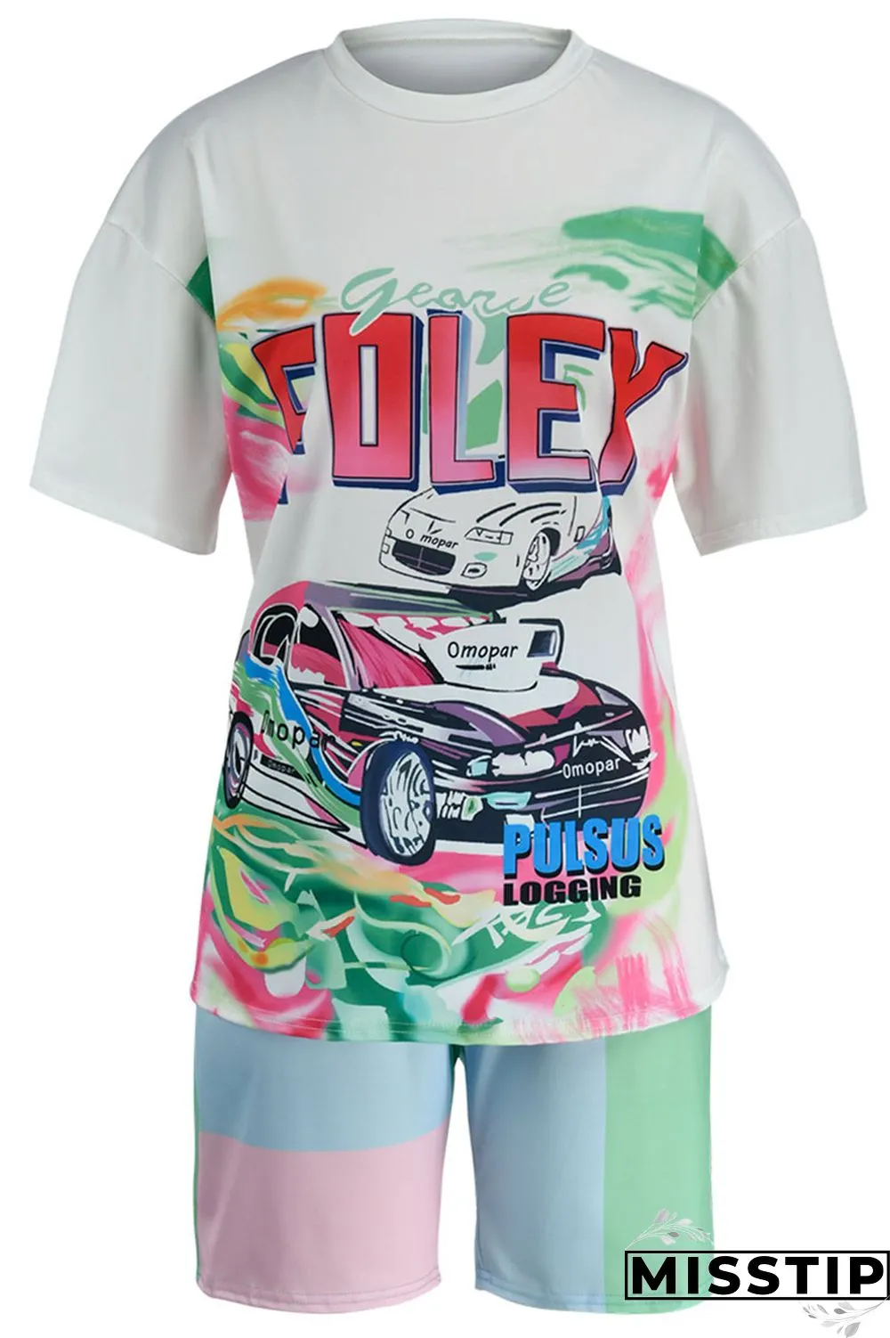 Pink Casual Print Patchwork O Neck Short Sleeve Two Pieces