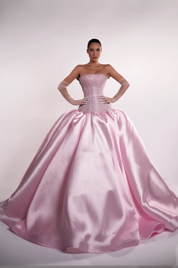 Lussooy Gorgeous Blushing Pink Satin Strapless Sleeveless Beading Prom Dress with Gloves 