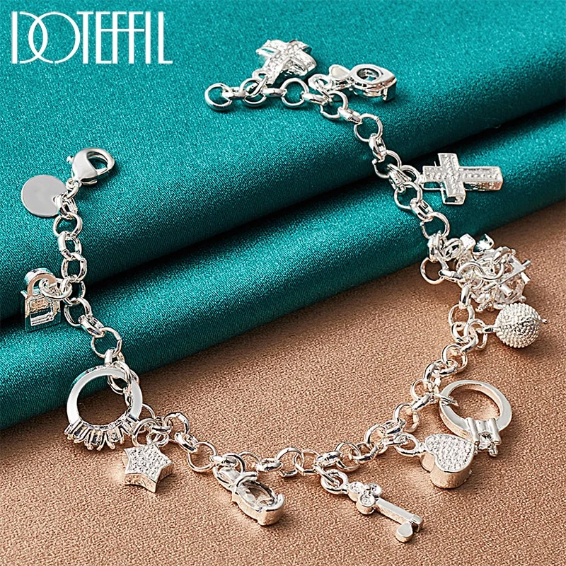 925 Sterling Silver Moon Heart Lock Cross Bracelet Chain For Man Women Jewelry