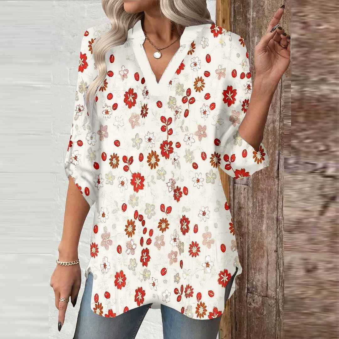 Women Floral, Red, White DZGA0542 3/4 Sleeve V-neck Printed Graphic Button Tops