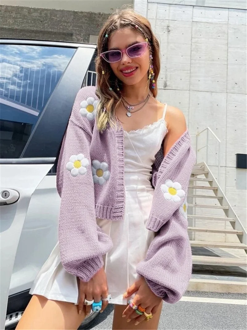 Athvotar Athvotar Women's Autumn New Sweet Flower Pattern Sweater Open Shirt Loose Short Knitted Women's Sweater