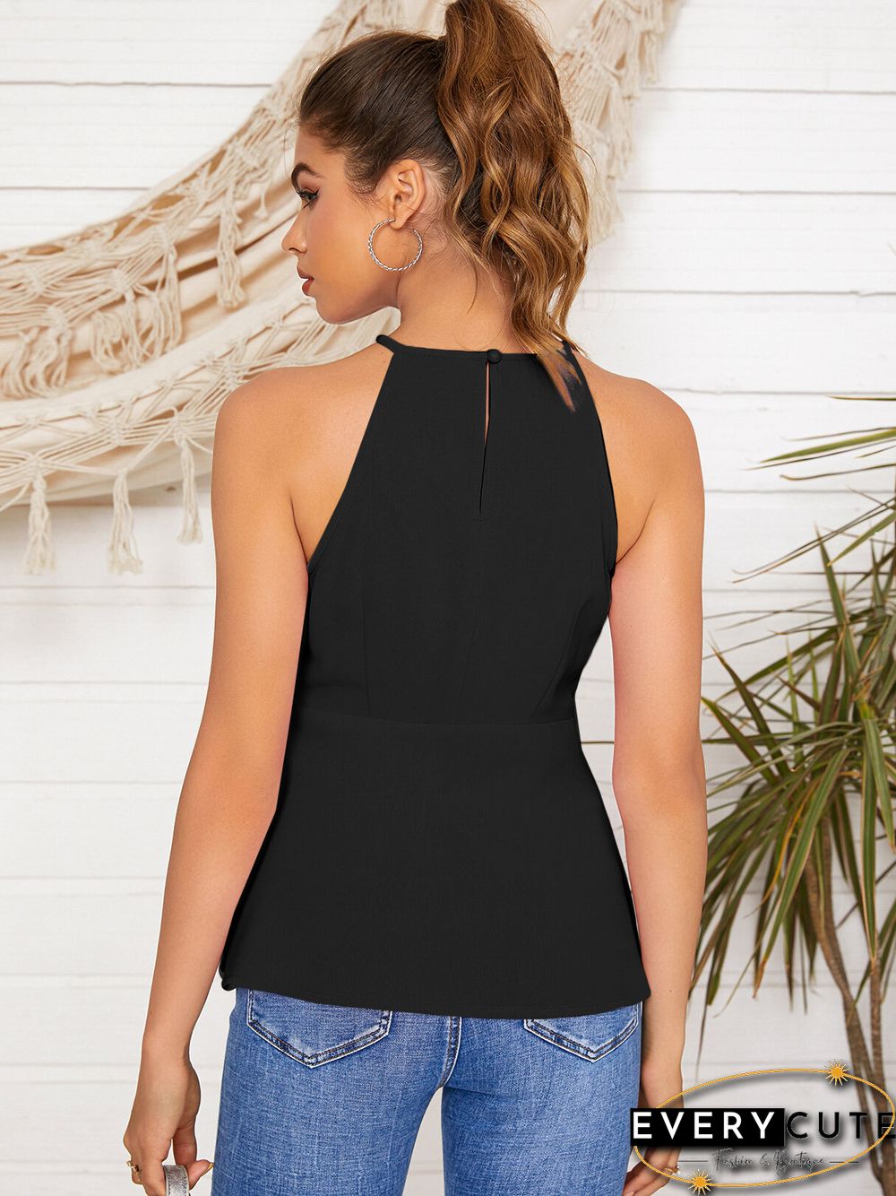 Solid Color Cut Out Tie Up Halter Sleeveless Cami