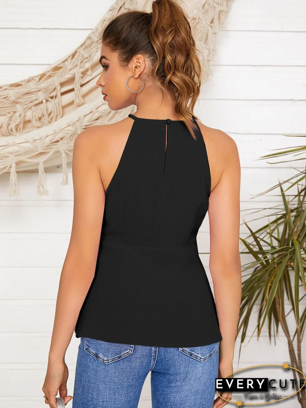 Solid Color Cut Out Tie Up Halter Sleeveless Cami