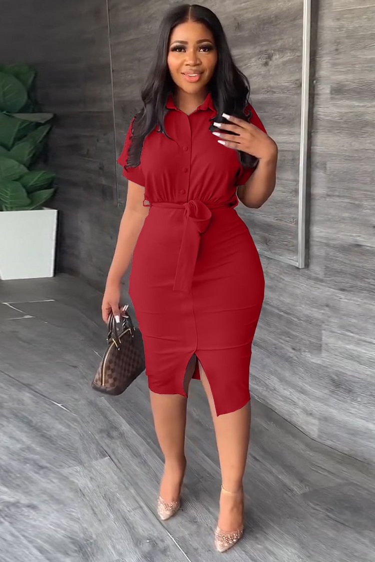 Short Sleeve Button Up Front Slit Knotted Midi Dresses