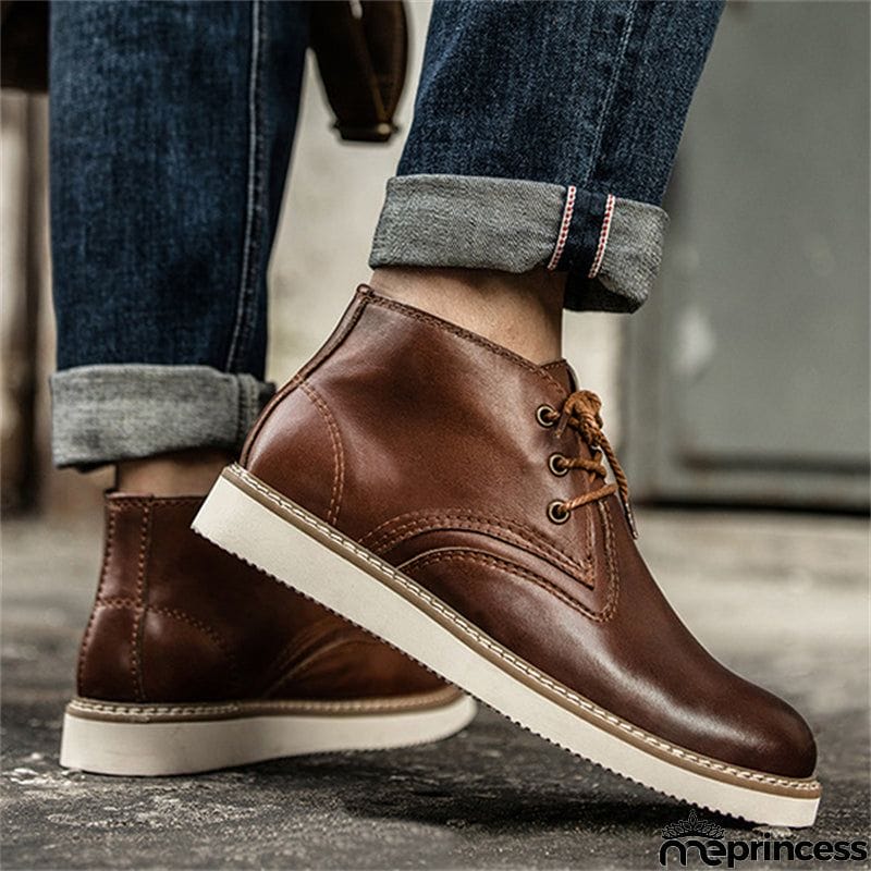Mens Casual High Top Lace Up Genuine Leather Round Toe Ankle Boots