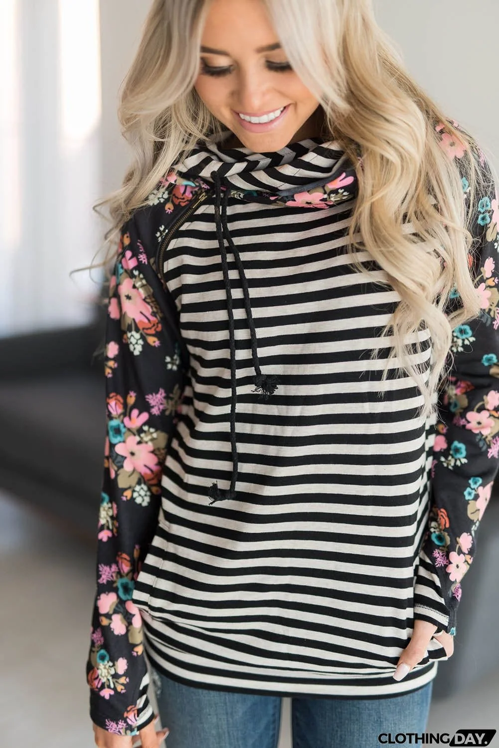 Striped Floral Print Long Sleeve Zipper Hoodie