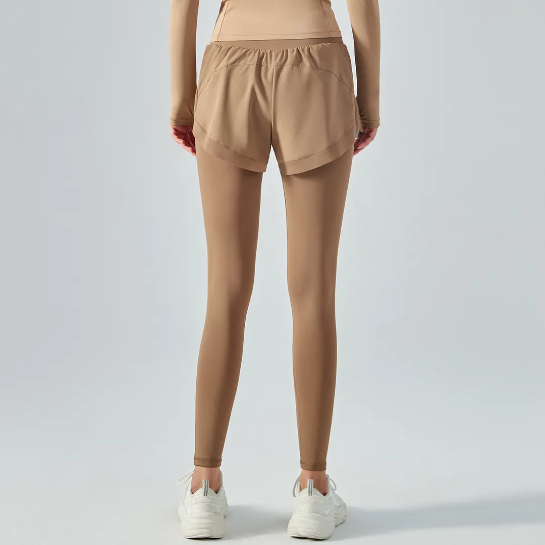 Buy Hergymclothing Cocoa fake 2 pieces high waist butt lifting pocket yoga leggings with shorts at an affordable price